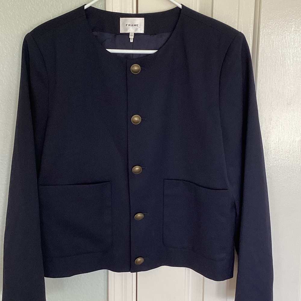 Frame Button Front Cropped Wool Blend Jacket, Navy
